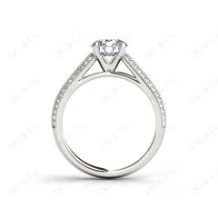 Round Cut Four Claws Diamond Ring in a Milgrain Pave Setting Side Stones in 18K White