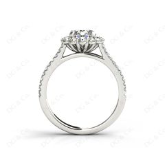 Round Cut Halo Flower Diamond Engagement Ring Split Band with Claw Set Centre Stone in 18K White