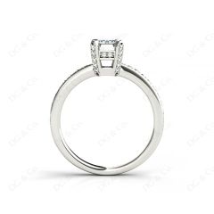 Emerald Cut Four Claw Diamond Ring with grain set side stones in 18K White
