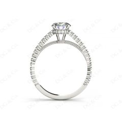 Vintage Style Round Cut Four Claw Set Diamond Ring with Side Halo and Round Cut Diamonds Claw Set on the Band in Platinum