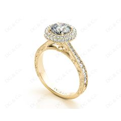 Vintage Style Double Halo Round Cut Diamond Engagement Ring With Claw Set Centre Stone in 18K Yellow