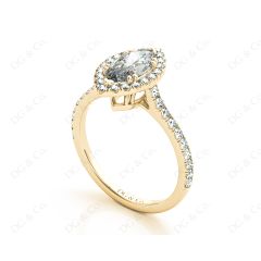 Marquise Cut Halo Diamond Engagement Ring with Claw Set Centre Stone with Pavé Set Side Stones in 18K Yellow