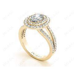 Oval Cut Double Halo Diamond Engagement ring with claw set centre stone in 18K Yellow