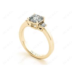 Radiant square cut three stone diamond ring claw set centre stone in 18K Yellow