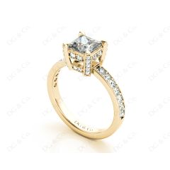 Princess Cut Diamond Engagement Ring with Claw set centre stone with Pave Set Prongs and Side Stones in 18K Yellow