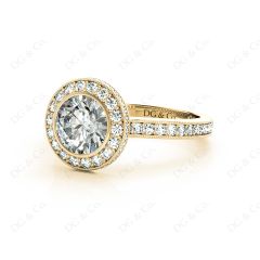 Vintage Style Round Cut Halo Diamond Ring with Bezel Set Centre Stone in 18K Yellow