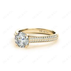 Round Cut Four Claws Diamond Ring in a Milgrain Pave Setting Side Stones in 18K Yellow