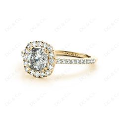 Cushion Cut Halo Diamond Engagement Ring with Claw Set Centre Stone in 18K Yellow