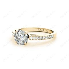 Round Cut Four Claws V Set Diamond Ring with Grain Set Side Stones . in 18K Yellow