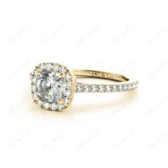 Cushion Cut Halo Diamond Engagement Ring with Claw Set Centre Stone with Pave Set Side Stones in 18K Yellow