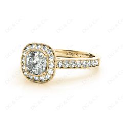 Vintage Style Halo Cushion Cut Ring with Four Claws Set Centre Stone in 18K Yellow