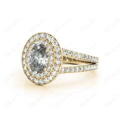 Oval Cut Double Halo Diamond Engagement ring with claw set centre stone in 18K Yellow