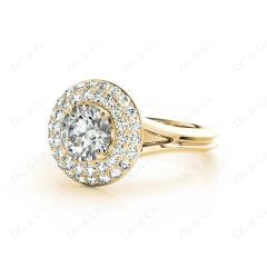 Round Cut Double Halo Plain Band Diamond Engagement ring with claw set centre stone in 18K Yellow