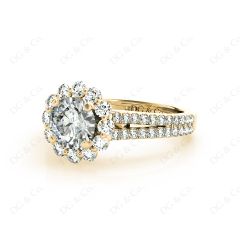 Round Cut Halo Flower Diamond Engagement Ring Split Band with Claw Set Centre Stone in 18K Yellow