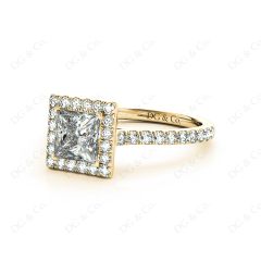Princess Cut Halo Diamond Engagement Ring with Claw set centre stone in 18K Yellow