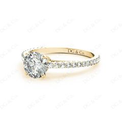Round Cut Four Claw Set Diamond Ring with Side Halo and Round Cut Diamonds Claw Set on the Band. in 18K Yellow