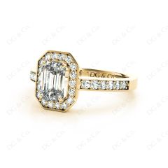 Emerald Cut Halo Diamond Engagement Ring with Claw Set Centre Stone in 18K Yellow