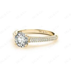 Vintage Style Round Cut Four Claw Set Diamond Ring with Micro Pave Set Stones Down the Shoulders In 18K Yellow