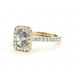 Radiant Cut Halo Diamond Engagement Ring with Claw Set Centre Stone Pave Diamond Setting Side Stones In 18K Yellow