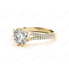 Round Cut Six Prongs Diamond Ring with Pave Set Split Band in 18K Yellow