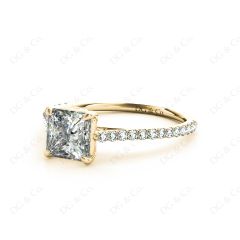 Princess Cut Four Claws Diamond Engagement Ring Pave Set Side Stones in 18K Yellow