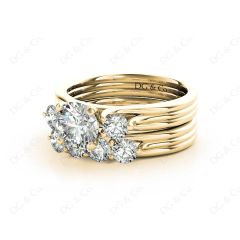 Round Cut Diamond three stones wedding set rings with claw set side stone in 18K Yellow