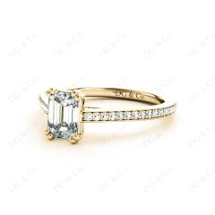 Emerald Cut Four Prongs Diamond Ring with Channel Set Side Stones in 18K Yellow