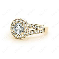 Round Cut Halo Diamond Engagement Ring Split Band with Four Claws Set Centre Stone in 18K Yellow