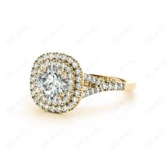 Round Cut Split Shank Diamond Engagement Ring with Double Halo and Pave Set Side Stones in 18K Yellow