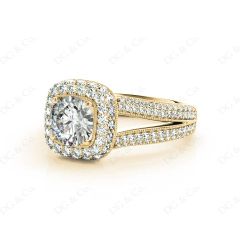 Round Cut Split Shank Milgrain Halo Engagement Ring with Micro Pave Set Diamonds on the Halo and sidestones in 18K Yellow