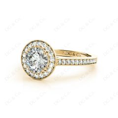 Halo Diamond Engagement Ring Round Cut with Claw Set Centre Stone Miligrain Share Prong Side Stones in 18K Yellow Gold