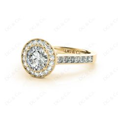 Halo Diamond Engagement Ring Setting Round Cut with Claw Set Centre Stone Channel Setting Side Stone in 18K Yellow Gold 
