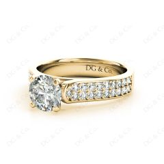 Round Cut Four Claws V Set Diamond Ring with Pave Set Side stones in 18K Yellow