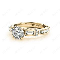 Round Cut Vintage Style Three Stone Engagement Ring with Tapered Baguette Bezel Set and Pavé Set Side Stones in 18K Yellow