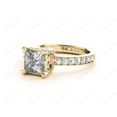Princess Cut Diamond Engagement Ring with Claw set centre stone with Pave Set Prongs and Side Stones in 18K Yellow