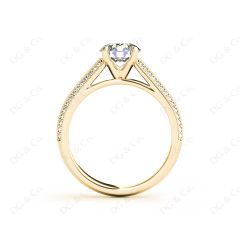 Round Cut Four Claws Diamond Ring in a Milgrain Pave Setting Side Stones in 18K Yellow