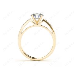 Round Cut Four Claws V Set Diamond Ring with Grain Set Side Stones . in 18K Yellow
