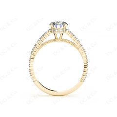 Round Cut Four Claw Set Diamond Ring with Side Halo and Round Cut Diamonds Claw Set on the Band. in 18K Yellow