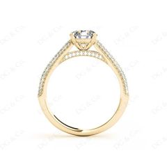 Vintage Style Round Cut Four Claw Set Diamond Ring with Micro Pave Set Stones Down the Shoulders In 18K Yellow
