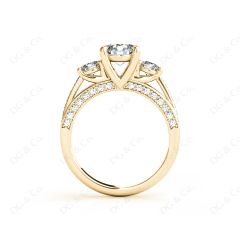 Three Stone Diamond Engagement Ring Round Cut with a Channel Share Prong Shoulder Setting in 18K Yellow