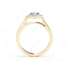 Halo Diamond Engagement Ring Round Cut with Claw Set Centre Stone Miligrain Share Prong Side Stones in 18K Yellow Gold