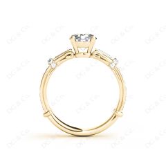 Round Cut Vintage Style Three Stone Engagement Ring with Tapered Baguette Bezel Set and Pavé Set Side Stones in 18K Yellow
